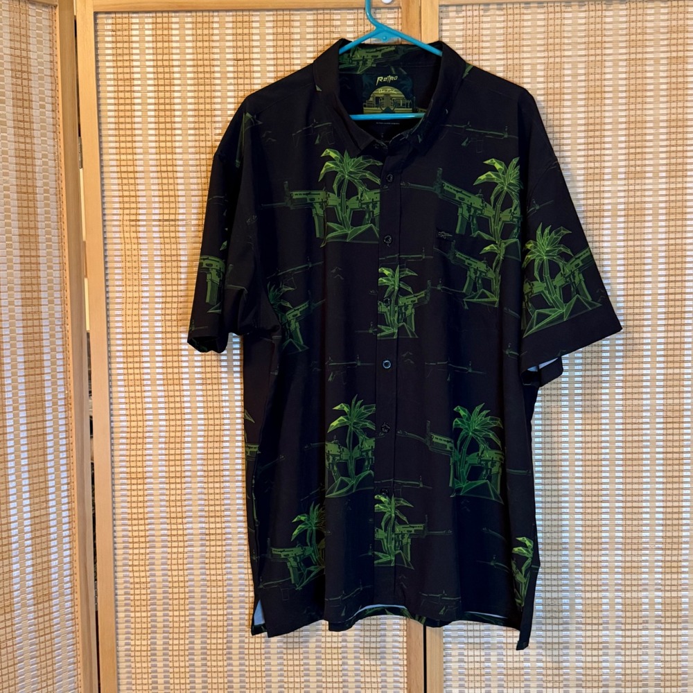 Retro Rifle The Palm Mens 3XL Black Green Tactical Hawaiian Button Down Shirt